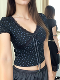 IFOMT Korean Kawaii Lace Patchwork Women T-shirt Y2K Aesthetic Vintage Floral Top Bow Knot  V-neck Short Sleeve Crop Top Elastic Slim