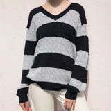 Ifomt Vintage Green Striped Knitted Sweater Women Autumn Winter V Neck Long Sleeve Oversize Pullovers Simple Casual Cotton Top Chic