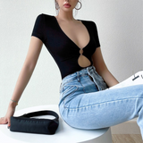 Ifomt Sexy Hollow Out Bodysuit Y2K Clothing Short Sleeves Bodycon T-shirt Women Summer Streetwear Slim Bodice Bodysuits Black Spring Style 2025