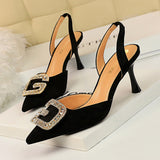IFOMT Women's Low-cut Pointed Toe Suede Hollow-out Back Strap Metal Rhinestone Heels