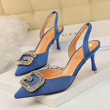 IFOMT Women's Low-cut Pointed Toe Suede Hollow-out Back Strap Metal Rhinestone Heels