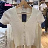 Ifomt Spring Summer Knit Cardigan T-shirts Chic V-neck Short Sleeve Tee Y2K Street 2025 New Single Breasted Slim Beige Tops Woman