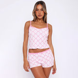 IFOMT Outfit Y2K Contrast Printed Spliced Bow Crop Tank Top Shorts Set Women Camis Pants Slim Leisure Suit Hottie Balletcore Outfits