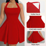 Ifomt All Seasons Women's Dresses Fashion Halter Square Neck Pleated A-Line Mini Elegant Dress New Year Valentine's Day Gift