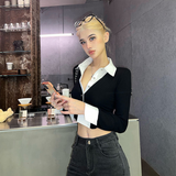 IFOMT Y2K Fake Two Piece Shirt Women Fashion Patchwork Aesthetic Crop Top Female Spring Autumn Streetwear Slim Fit Long Sleeve Blouses