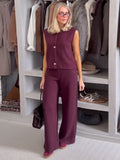 IFOMT Party Otufit Knitted Women 2 Piece Set Elegant O-Neck Sleeveless Button Vest Top High Waist Wide Leg Trousers Spring Summer Fashion Lady Suit