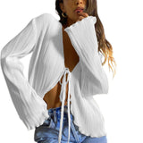 IFOMT Outfit Women's Solid Color Cardigan Long Flare Sleeve Lacing Deep V Neck Summer Ruffled Ladies Tops for Casual Party Blouse