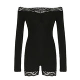 IFOMT Spring Outfits Slim Black Lace Trim Playsuit Women Sexy Comfortable Long Sleeve Classical Rompers 2024s New Chic