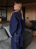 Ifomt Patchwork Denim Jackets Pants Sets Women Baggy Lapel Zipper Pocket Top Straight Leg Pants 2025 Spring Casual Street Female Suits