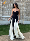 Ifomt 2025  Summer Elegant Contrast Patchwork Lady Spaghetti Strap Maxi Dress Backless Sleeveless High Waist A-line Robe Party Dresses