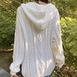 Ifomt New White Twist Hooded Sweater Women Autumn Winter Loose Cute Long Sleeve Knitted Cardigan Sweet Vintage Preppy Style Jumper Top
