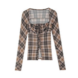 Ifomt Checkered Square Collar Mesh Shirt for Women Summer Slim Fit Long Sleeved T-Shirt Top Retro Elastic Sexy Bodysuits Spring Style 2025