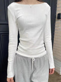 Ifomt Large Collar Eyelets White Long Sleeve Women Tshirts O-neck Slim Sweet Chic Top Cotton Woman Autumn Spring Tight Tees Y2K Street