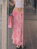 IFOMT Pink Chiffon Midi Skirt with Floral Print