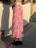 IFOMT Pink Chiffon Midi Skirt with Floral Print