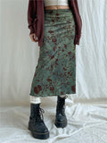 IFOMT Vintage Floral Green Midi Skirt