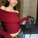 IFOMT Sexy Tops Off Shoulder Long Sleeve Crop Top Women's Autumn/Winter 2024 New Spicy Girl Slim Fit Short Red T-shirt