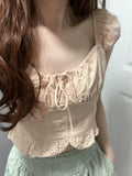 Ifomt Square Collar Lace-up Chic Summer T-shirts Flower Embroidery Tight Sexy Crop Top Sweet White Versatile Short Sleeve Tee Tank