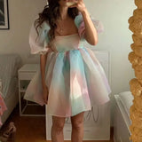 IFOMT Outfits Women's Short Puff Sleeve Off Shoulder Square Neck Fairy Mini Tie Dye Party Prom High Waist Tulle Princess Dress