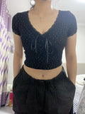 IFOMT Korean Kawaii Lace Patchwork Women T-shirt Y2K Aesthetic Vintage Floral Top Bow Knot  V-neck Short Sleeve Crop Top Elastic Slim