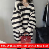 fall outfits 2024 Korean Style Contrast Color Striped Sweater Autumn and Winter Mid-Length Korean Style Lazy Style Loose Slimming V-neck Thickened Sweater for Women