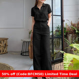 business casual outfits Women's Fashion Suit Women's Lapel Cotton Linen Solid Color Short Sleeve Pocket Wide Leg Pants