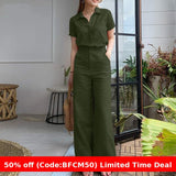 business casual outfits Women's Fashion Suit Women's Lapel Cotton Linen Solid Color Short Sleeve Pocket Wide Leg Pants