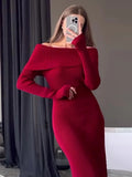 IFOMT Fashion Knit Long Dress Off-Shoulder Female Ribbed Loose High Waist Elegant Autumn Party Dress Ladies Knitwear Maxi DressChristmas Gifts