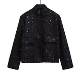 IFOMT Spring Outfits Women's Sequined Bomber Jacket Fall O Neck Long Sleeve Pocket Stretch Hem Sequins Jacket Coat Female Chic Outerwear