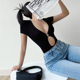 Ifomt Sexy Hollow Out Bodysuit Y2K Clothing Short Sleeves Bodycon T-shirt Women Summer Streetwear Slim Bodice Bodysuits Black Spring Style 2025
