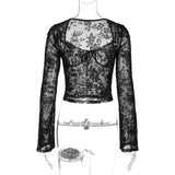 IFOMT Outfits Lace Long Sleeve Square Coollar Sexy Fashion Women'S Tshirt Tops Autumn Casual Clothing Streetwear Elegant Girls Tops