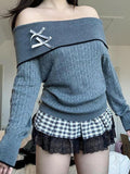 IFOMT Bow Patchwork Off Shoulder Cable Knit Sweater
