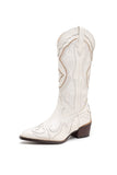 IFOMT New Fashion Spring Outfit White Embroidery Pointed Western Cowboy Boots