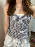 Ifomt Lace Trim Plaid Sweet Summer Camisole Three Button V-neck Chic Fashion Loose Tank 2025 Summer New Vintage Sleeveless Camis Vest