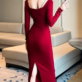 IFOMT Women 2024 Autumn Winter Elegant Dress Party Evening Clothing Metal Sling Bodycon Long Sleeves Midi Dress For Office Lady