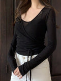 Ifomt Sweet Solid Thin Slightly Transparent Two-piece Suit Women Casual Sexy Slim Long Sleeve Cardigan + Suspenders Vintage Chic Tops