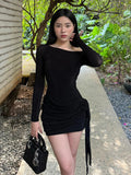 IFOMT Outfit  See Through Floral Pattern Ruched Asymmetrical Long Sleeve Elegant Dress Y2K Streetwear Wholesale Korean Casual Clothing