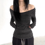 IFOMT Basic Slim Long Sleeve Stripe Tee Shirt Sexy Off Shoulder Korean Street Style Autumn Y2K Gray T Shirt Women Fashion Clothing