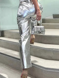 IFOMT Silver PU Pants Women 2023 Fashion High Waist Loose Wide Leg Pants Girls Clubwear Party Streetwear Femme Long Pant Autumn