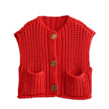 IFOMT Fashion Sleeveless Knitted Cardigan Vests For Women Autumn New Short Sweater Button With Pockets Solid Color Knitted TopChristmas Gifts