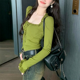 IFOMT Square Neck Pleated Sexy Tops Casual  Autumn Slim Long Sleeved T-shirt for Women's Ins Fashion Crop Top