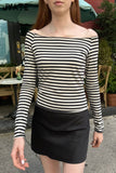 Ifomt New Sweet Pink Striped Long Sleeve T-shirt Women Spring Cotton Raw Hem Slash Neck Slim Tee Tops Casual Preppy Style Y2K T shirt
