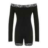 IFOMT Spring Outfits Slim Black Lace Trim Playsuit Women Sexy Comfortable Long Sleeve Classical Rompers 2024s New Chic