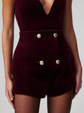 IFOMT Party Otufit Elegant  Burgundy Velvet 3 Piece Set Women V Neck Vest Square Neck Long Sleeve Jacket Shorts Suit Lady 2025 Spring Chic Outfits