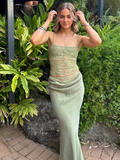 Ifomt Lady Elegant Party Dress 2025 Chic Patchwork Lace Pleated Sling Long Dress Women Sexy See Through Summer New Club Green Dresses