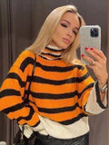 IFOMT Party Otufit Elegant Turtleneck Women's Sweater Orange Striped Patchwork Knitted Pullovers Knitwear Long Sleeved Top 2024 Autumn Loose Jumper