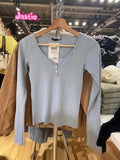 Ifomt Chic Hollow Out Pink Long Sleeve T-Shirt Summer Round Neck Buttons Cotton Slim Sexy Top for Woman Vintage Sweet Cute Y2k Tops