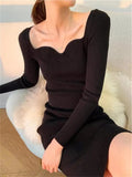 IFOMT Vintage Harajuku Slim Sweater Dress Women Autumn Winter Long Sleeve Bodycon Knitted Midi Dresses Party Evening Club Female