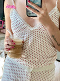 Ifomt Blue Heart Print Chic Tank Camis + Shorts Two Piece Set For Women V-neck Lace Trim Sweet Y2K Tops Vest Trouser Home Women Suit