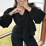 IFOMT Outfit Women's Y2K Vintage Denim T-Shirts Elastic Lantern Long Sleeve Aesthetic Bow Tied V-Neck Ruffled Flare Cropped Tops
